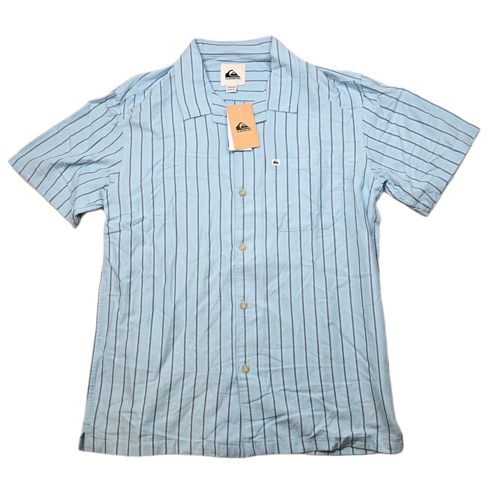 Quiksilver Shirt Mens Medium Blue Stripe Short Sleeve Button Up NEW‎